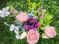 
              27" Lavender Roses, Blue Bonnets, Butterflies and white tulips and greenery
            