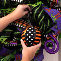 
              4.5" Polka Dot Stripe Ribbon Ball: Black, Orange, White
            