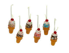 Assorted Foam Ice Cream Cone Ornaments with Cherries - Set of 6