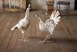 Set of 2- Antique White Metal Turkeys