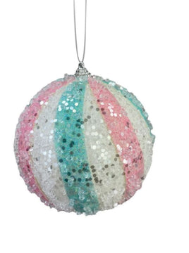 5" Pink, Blue & White Glitter Striped Ball Ornament