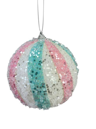 5" Pink, Blue & White Glitter Striped Ball Ornament