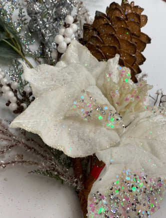 Iced White Poinsettia Pick with Berries & Pine Cone