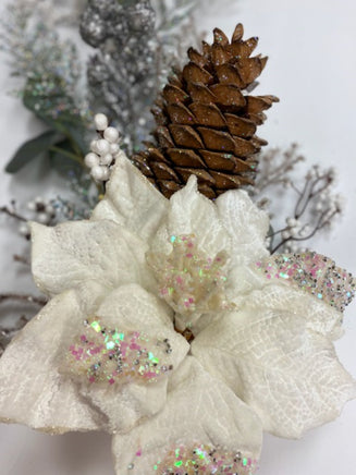 Iced White Poinsettia Pick with Berries & Pine Cone