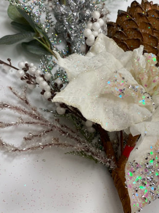 Iced White Poinsettia Pick with Berries & Pine Cone