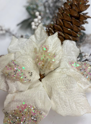 Iced White Poinsettia Pick with Berries & Pine Cone