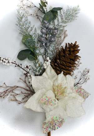 Iced White Poinsettia Pick with Berries & Pine Cone