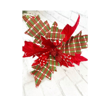 Red, White & Green Fabric Poinsettia Spray