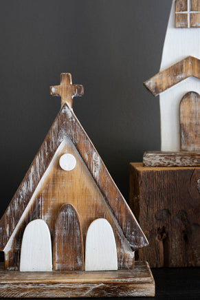 Set of 3- White-Washed Wooden Churches