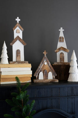 Set of 3- White-Washed Wooden Churches