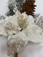 
              Iced White Poinsettia Pick with Berries & Pine Cone
            