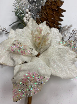 Iced White Poinsettia Pick with Berries & Pine Cone