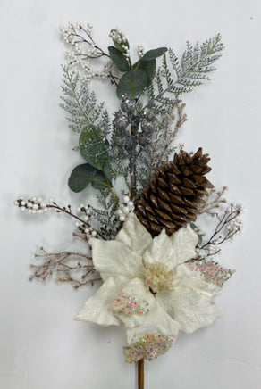 Iced White Poinsettia Pick with Berries & Pine Cone