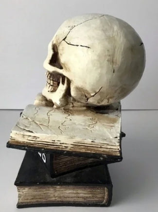 Light Up resin skull on a stack of spell books