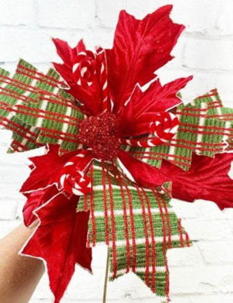 Red, White & Green Fabric Poinsettia Spray