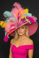 
              Gorgeous Kentucky Derby Hat With Pink Base, Mint, Yellow , Pink & Dark Pink Flower
            