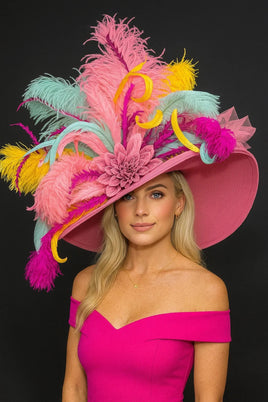Gorgeous Kentucky Derby Hat With Pink Base, Mint, Yellow , Pink & Dark Pink Flower