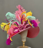 
              Gorgeous Kentucky Derby Hat With Pink Base, Mint, Yellow , Pink & Dark Pink Flower
            
