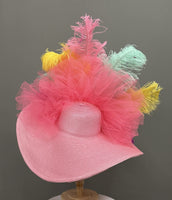 
              Gorgeous Kentucky Derby Hat With Pink Base, Mint, Yellow , Pink & Dark Pink Flower
            