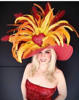 Gorgeous Kentucky Derby Hat With Red Base, Yellows, Orange, Reds, With Red Heart Center