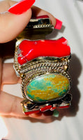 
              Turquoise and Red Coral Cuff Bracelet
            