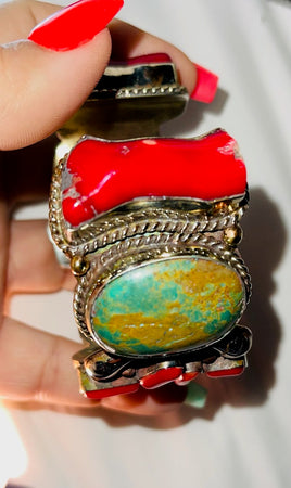 Turquoise and Red Coral Cuff Bracelet