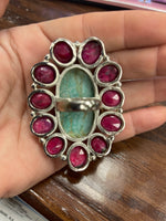 
              Turquoise and Ruby Statement Ring - German Silver
            