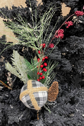 Snow Pine Spray with Black and White Buffalo Plaid 22"