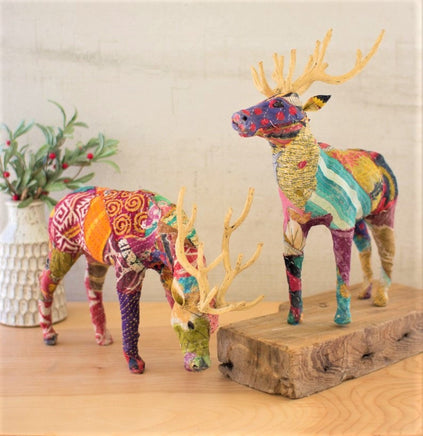 Set of 2 Kantha Covered Tabletop Reindeer