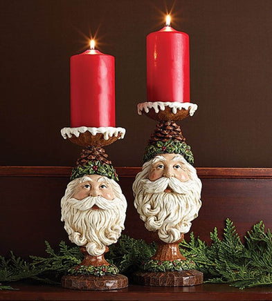 Set of 2- Santa Pedestal Candleholders