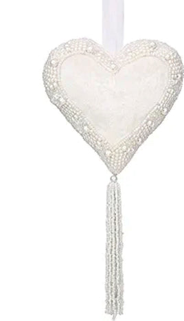 White Beaded and Fabric Heart Decor