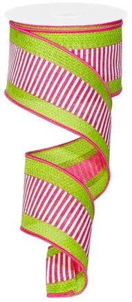 2.5" Hot Pink/White Stripe Ribbon w/ Lime Cross Burlap Borders - 10yds